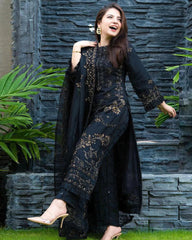 Black Linen 3PC Embroidered Ensemble – ZC842