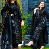 Black Linen 3PC Embroidered Ensemble – ZC842