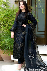 Black Linen 3PC Embroidered Ensemble – ZC842