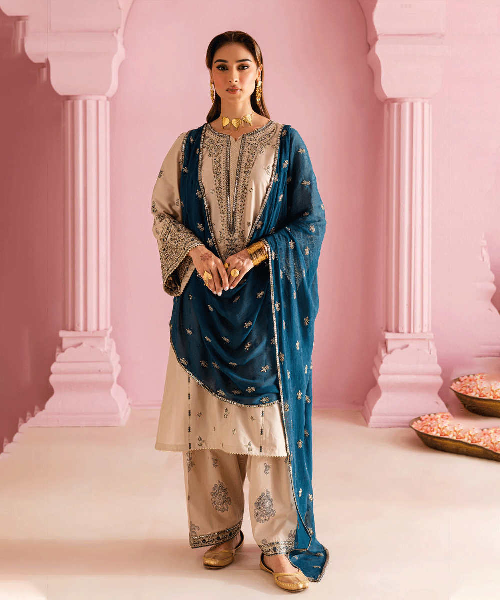 Dhanak 3PC Embroidered Shirt with Sequins Embroidered Dupatta – ZC6004