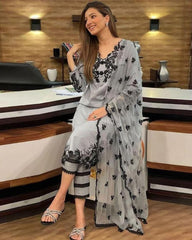 Linen Luxe 3PC Embroidered Shirt with Chiffon Dupatta – ZC925