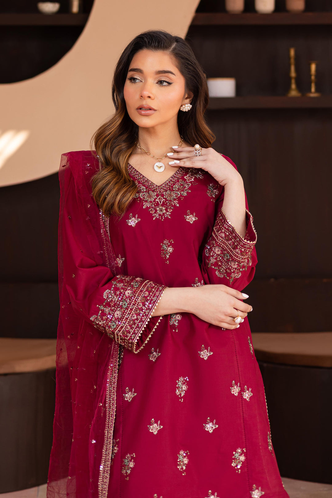 Dhanak 3PC Embroidered Shirt with Organza Embroidered Dupatta – ZC3370