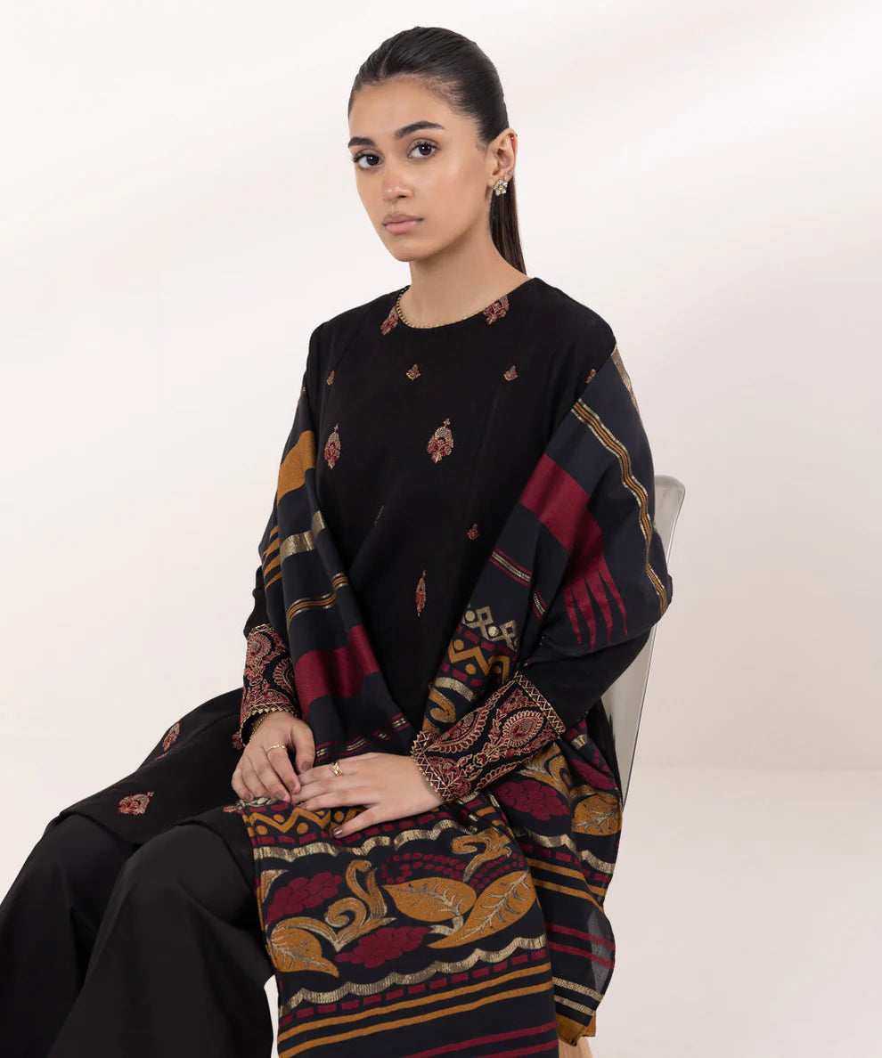 SAPPHIRE 3PC Dhanak Embroidered Shirt with Digital Printed Shawl – ZC690