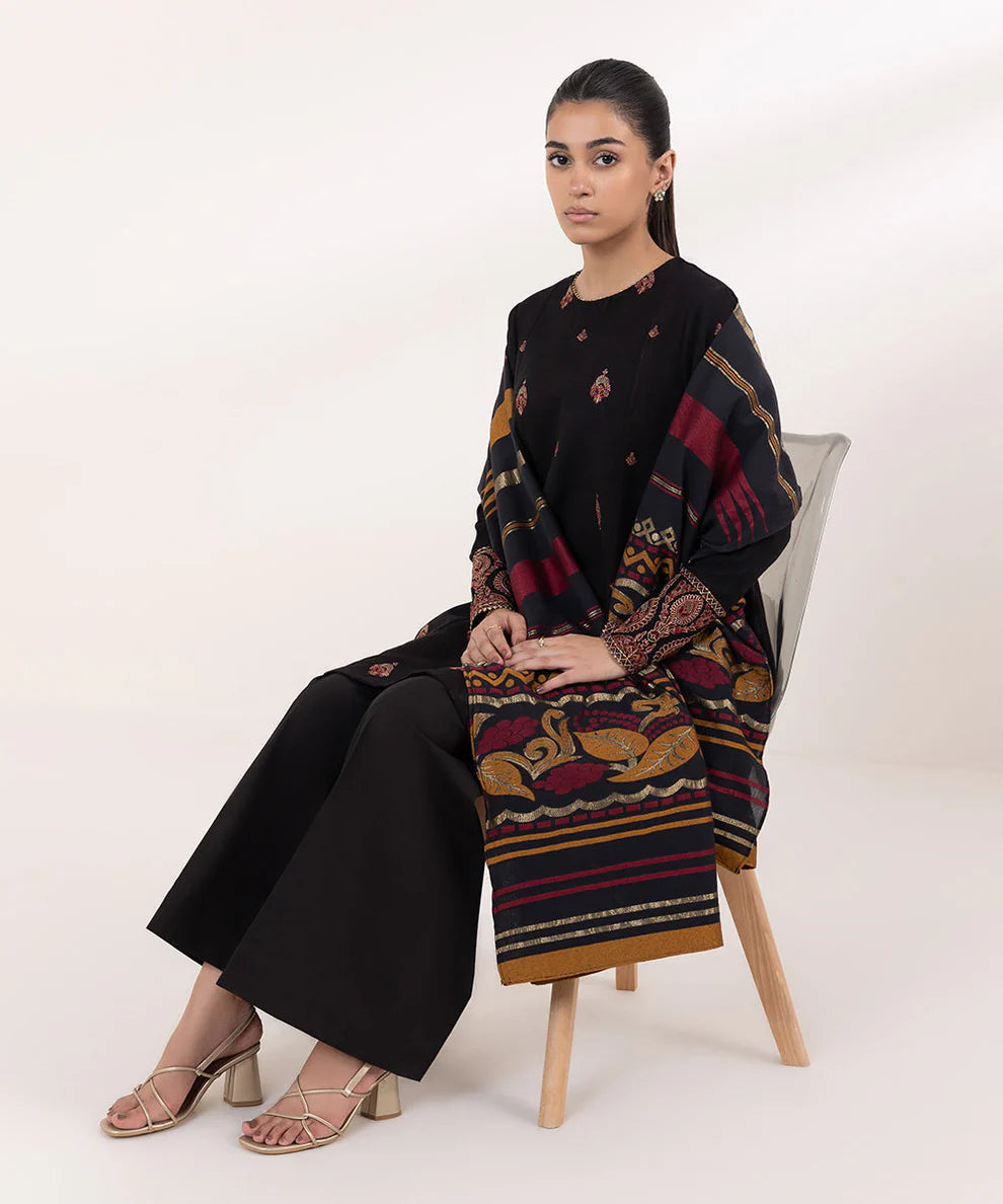 SAPPHIRE 3PC Dhanak Embroidered Shirt with Digital Printed Shawl – ZC690