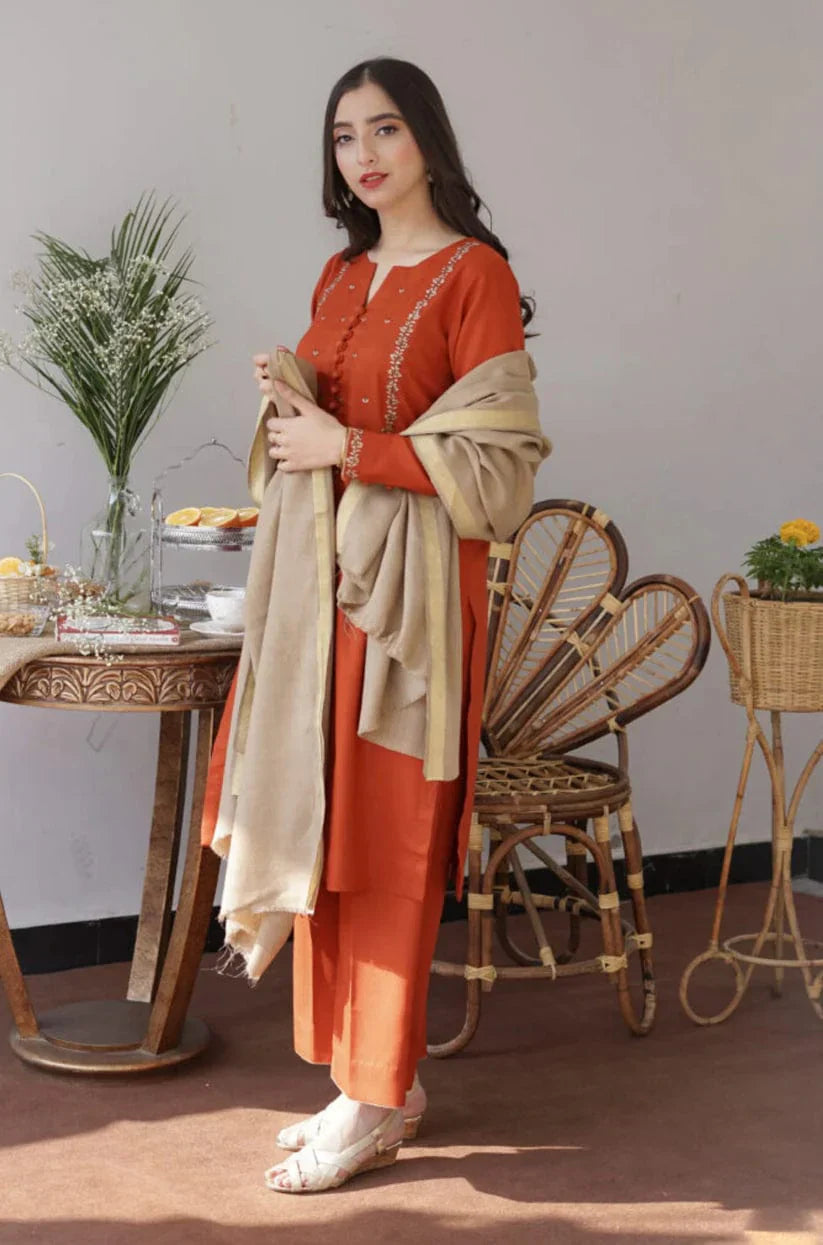 Aisling Dhanak 3PC Embroidered Suit with Wool Shawl – ZC1291